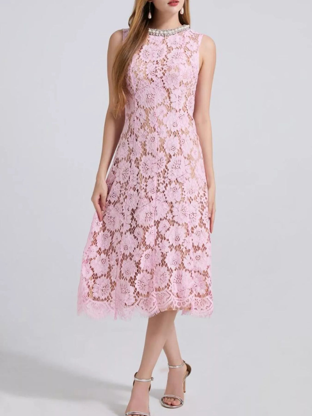Pearl Neckline Sleeveless Lace Dress (23)