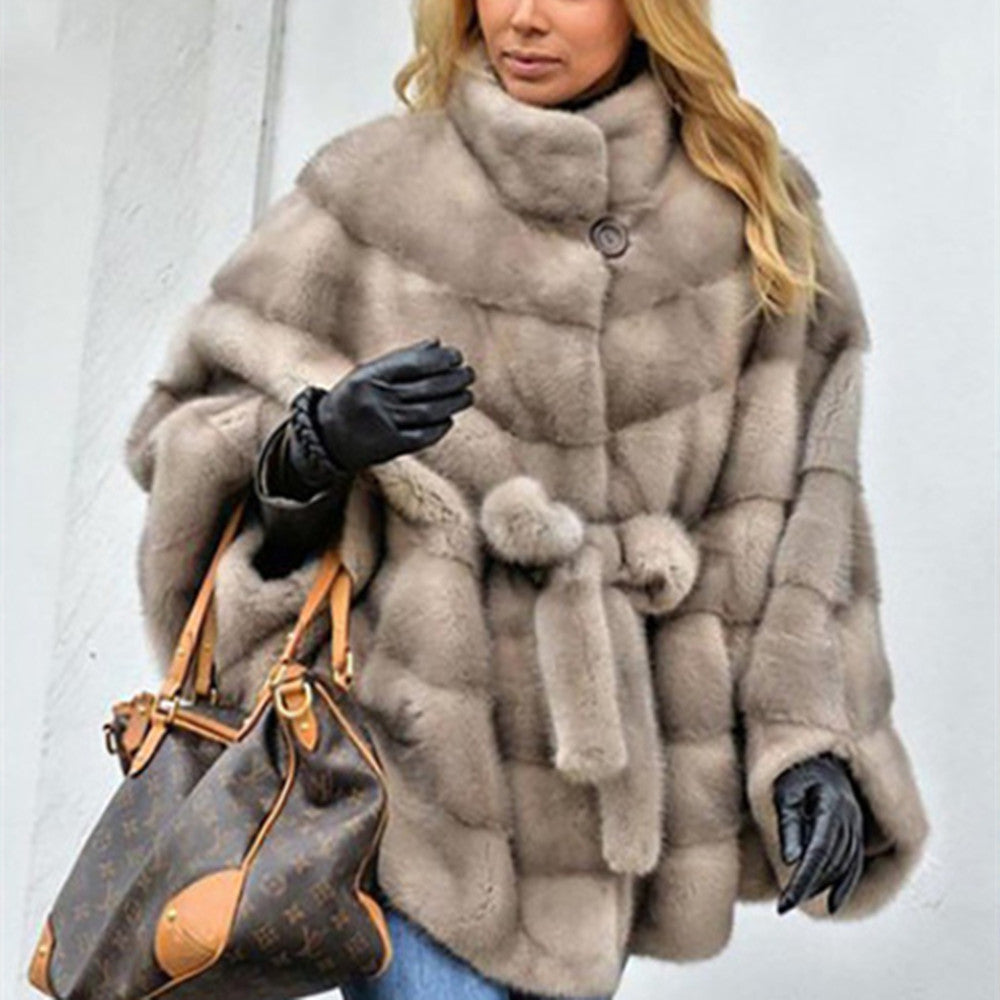 Solid Faux Fur Jacket Stand Collar Loose Belt photo 1