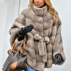 Solid Faux Fur Jacket Stand Collar Loose Belt photo 1