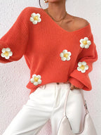 Floral Applique V-neck Sweater (5)