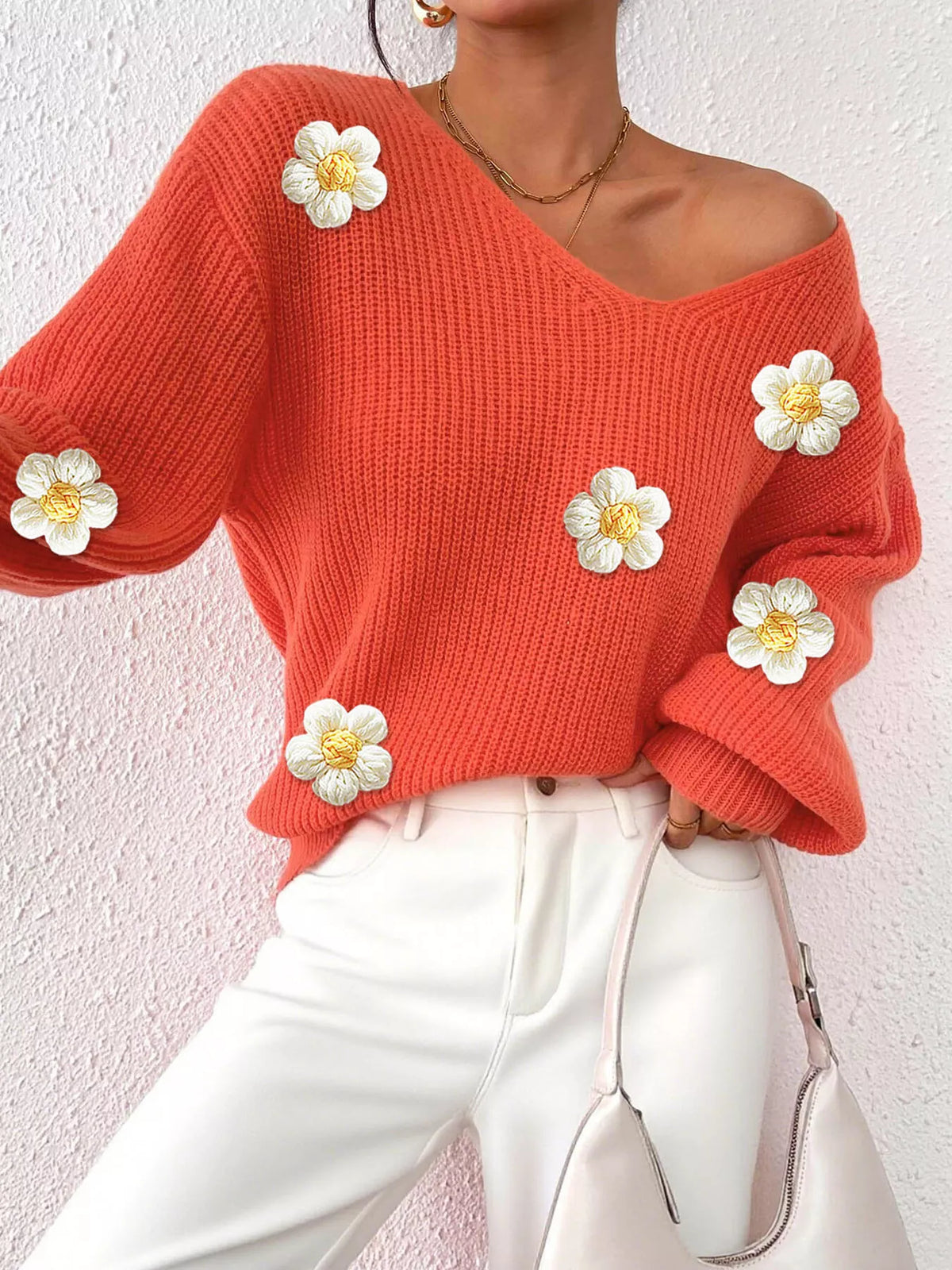 Floral Applique V-neck Sweater (5)