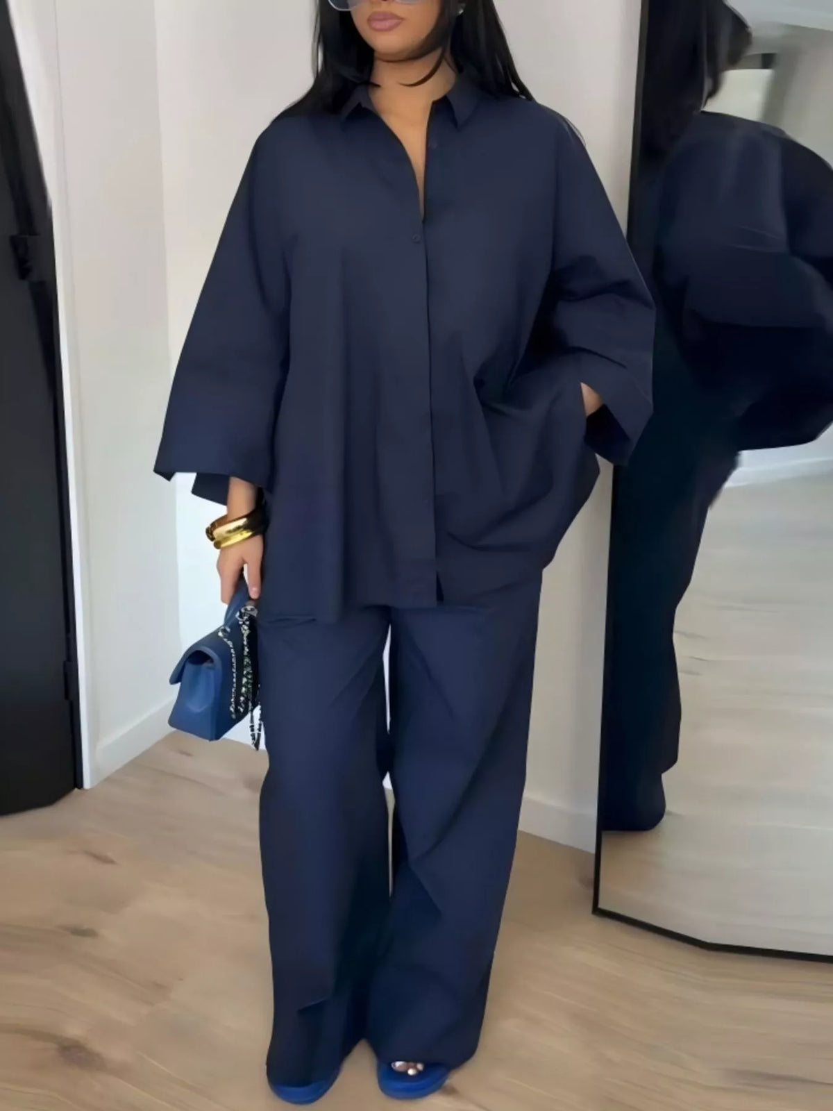 Button-down Shirt Wide-leg Pants Two-piece Set