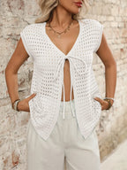 Tied Front Openwork V-neck Knit Top (18)