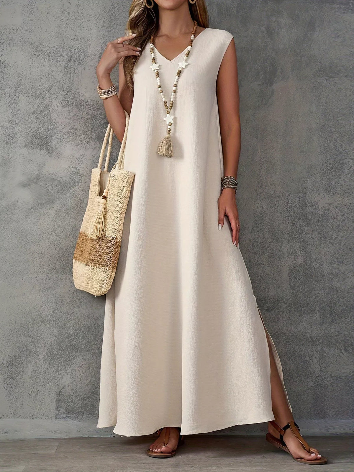 Sleeveless V-neck Side-slit Maxi Dress