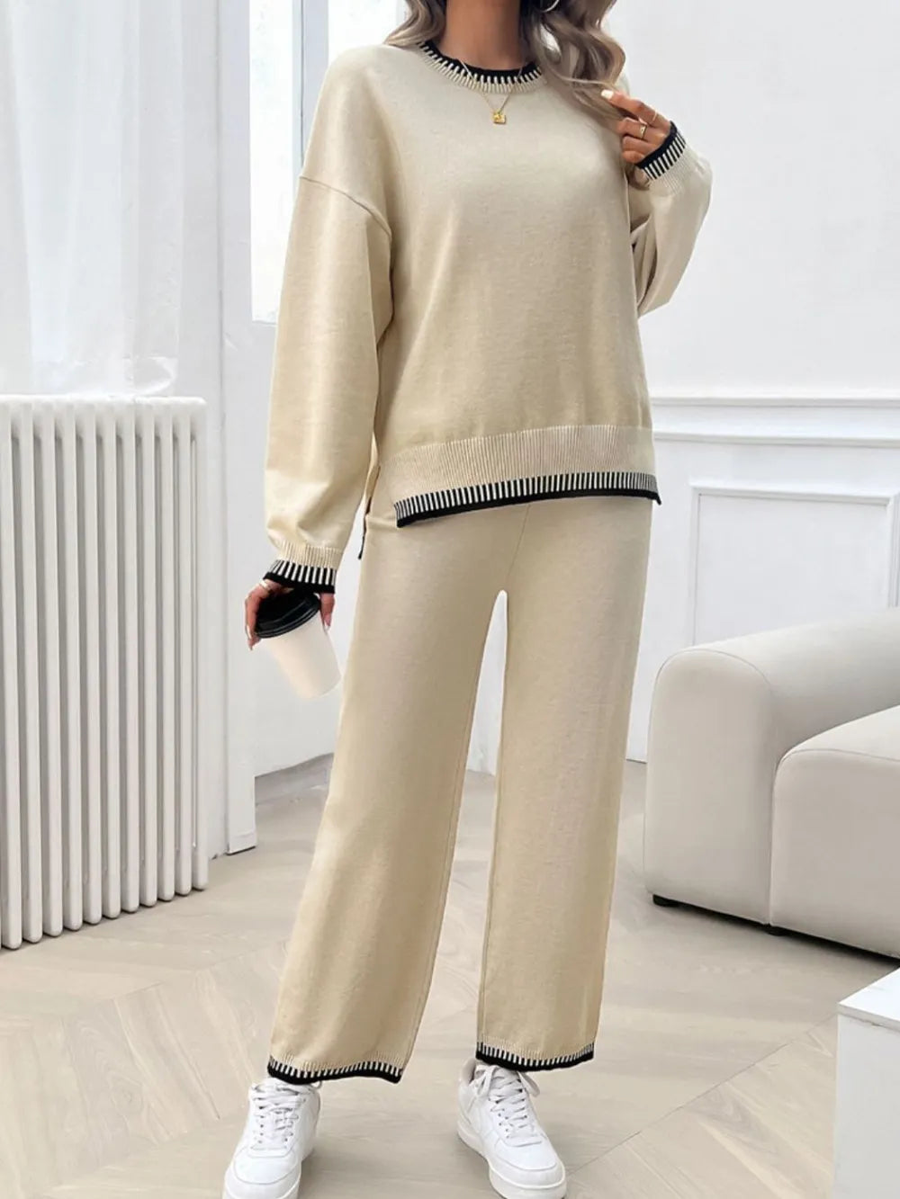 Round Neck Dropped Shoulder Top Pants Sweater Set (8)
