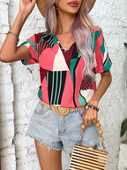 Printed V-neck Short Sleeve Blouse (14)