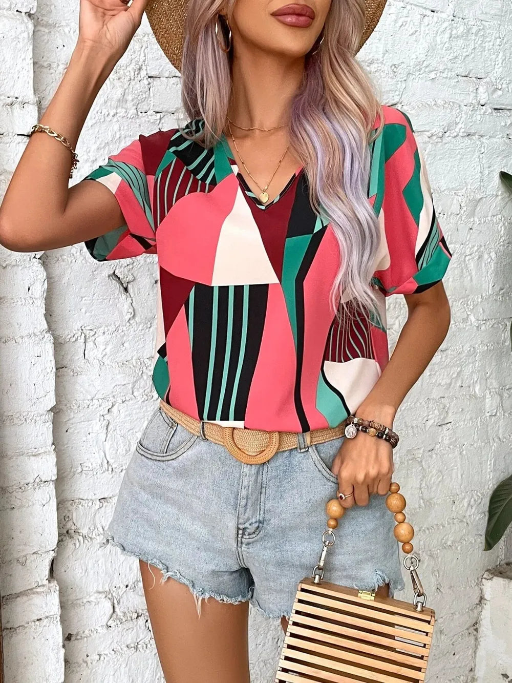 Printed V-neck Short Sleeve Blouse (14)