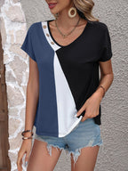 Block Decorative Button V-neck Tee (15)