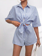 Striped Button Up Shirt Shorts Casual Set (2)
