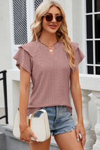 Eyelet Notched Flutter Sleeve T-shirt (15)