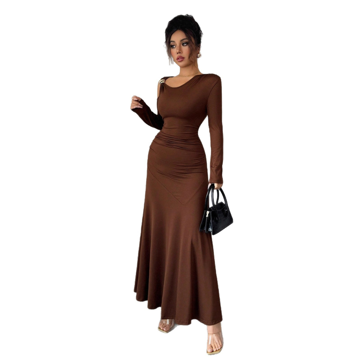 Solid-color Off-shoulder Long-sleeve Dress photo 2