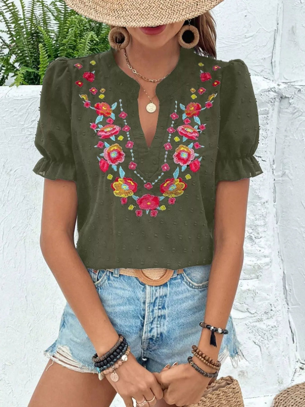 Floral Embroidered Puff Sleeve Blouse (9)