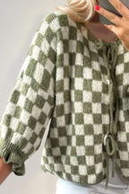 Tied Checkered Dropped Shoulder Flounce Sleeve Cardigan (6)