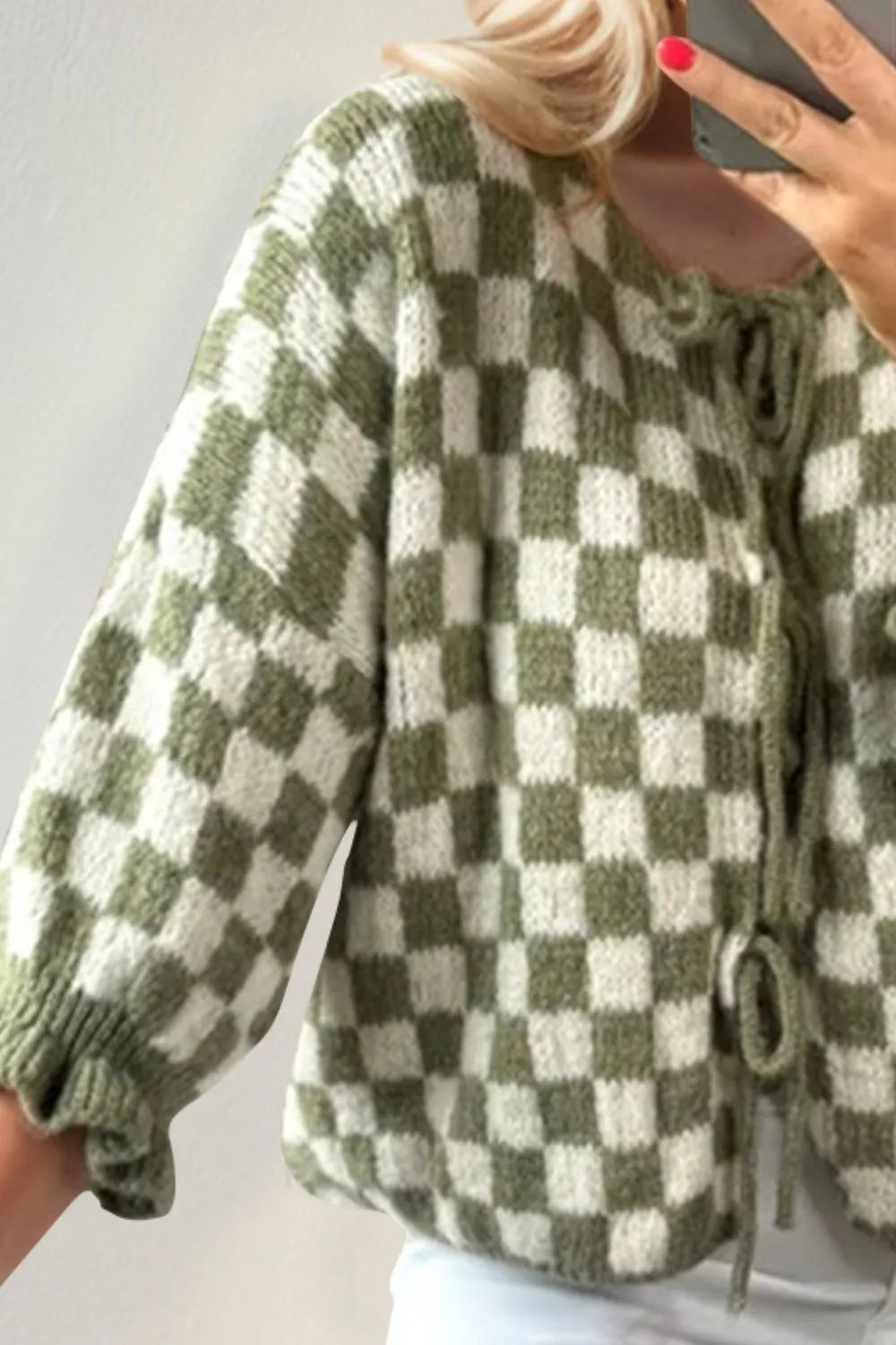 Tied Checkered Dropped Shoulder Flounce Sleeve Cardigan (6)