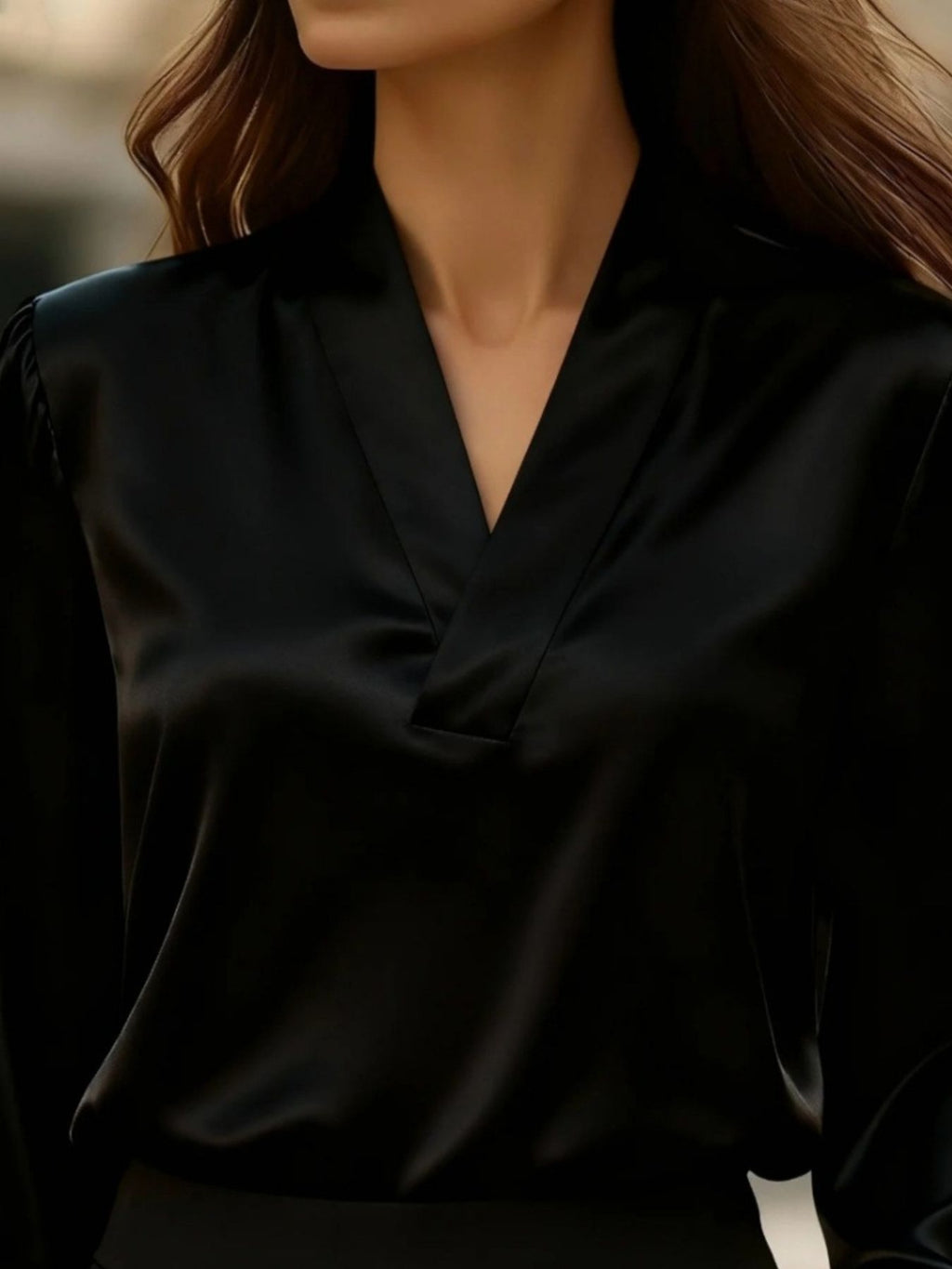 V-neck Long Sleeve Satin Blouse (2)