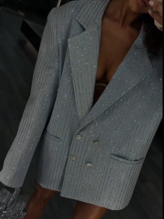 Elegant Striped Rhinestone Oversized Blazers photo 3