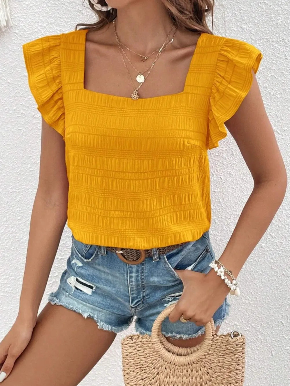 Ruffled Square Neck Cap Sleeve Blouse (33)