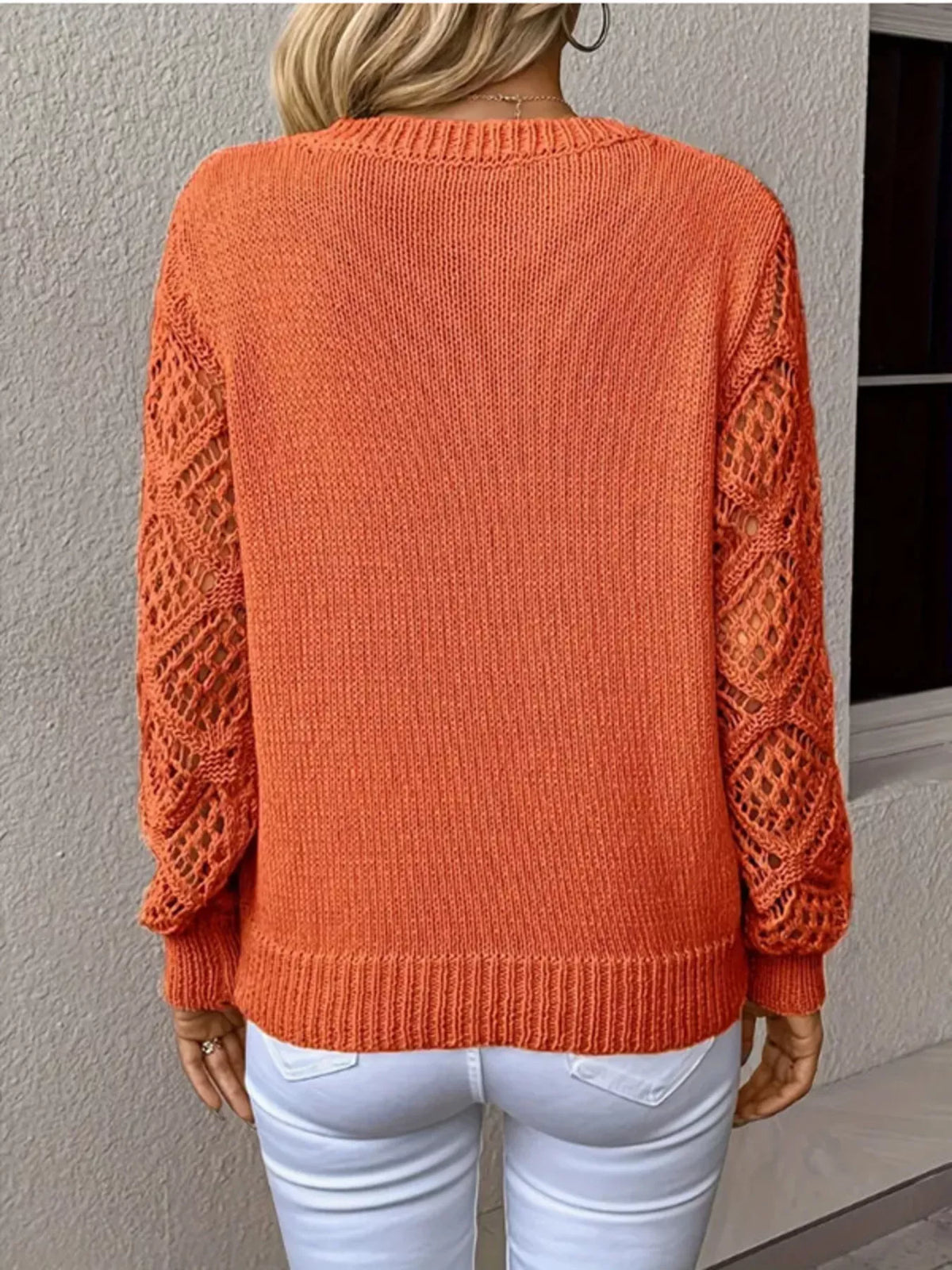 Openwork V-neck Long Sleeve Sweater (9)
