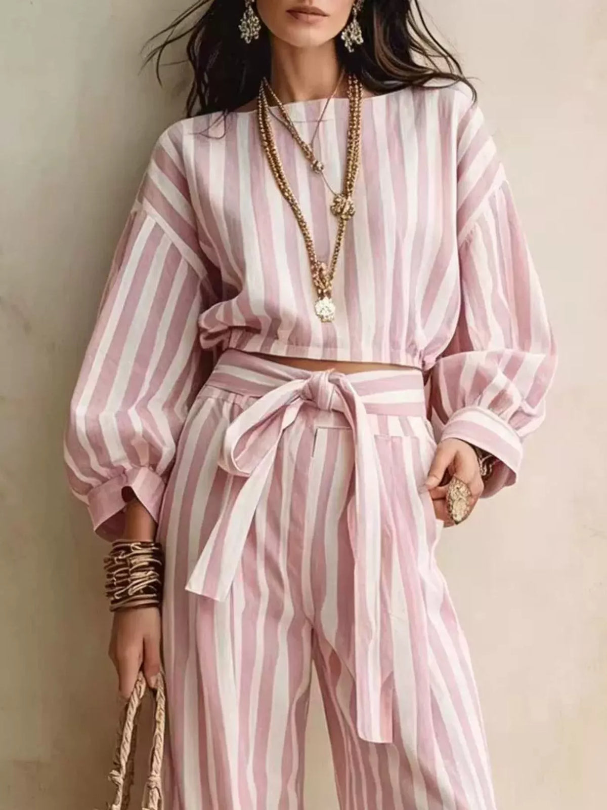 Striped Long Sleeve Top Pants Two-piece Set (11)