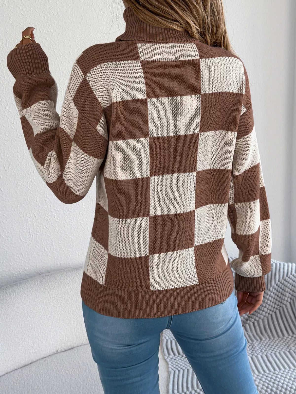 Checkered Turtleneck Long Sleeve Sweater (13)