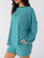 Casual Striped Long Sleeve Top Shorts Set (4)