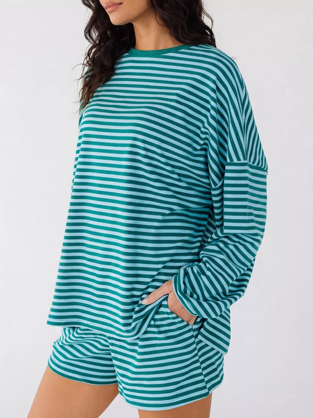 Casual Striped Long Sleeve Top Shorts Set (4)