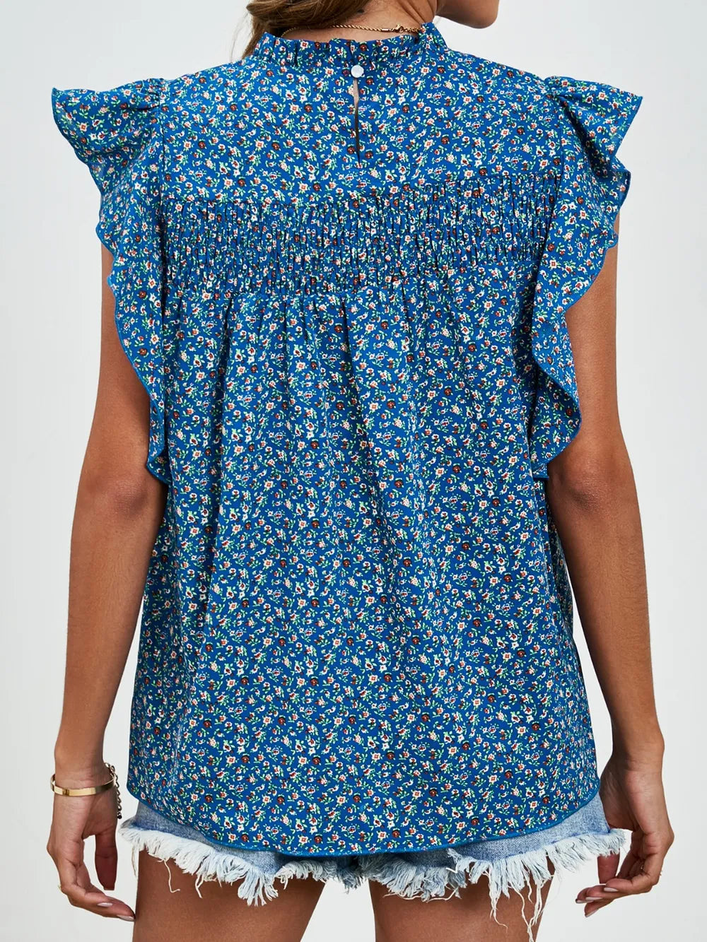 Ruffled Ditsy Floral Mock Neck Cap Sleeve Blouse (18)