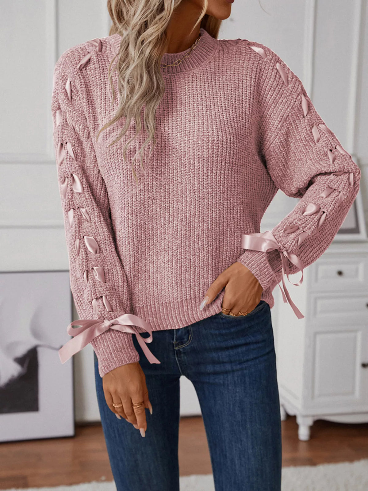 Ribbon-tie Sleeve Round Neck Sweater (13)