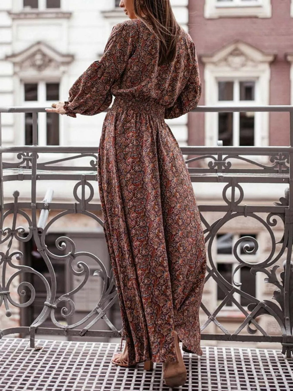 Bohemian Printed Maxi Dress Plunging Neckline (6)