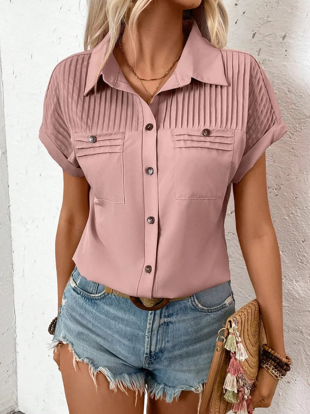 Pleated Detail Collared Neck Short Sleeve Shirt (22)