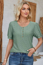 Eyelet Round Neck Short Sleeve Blouse (22)