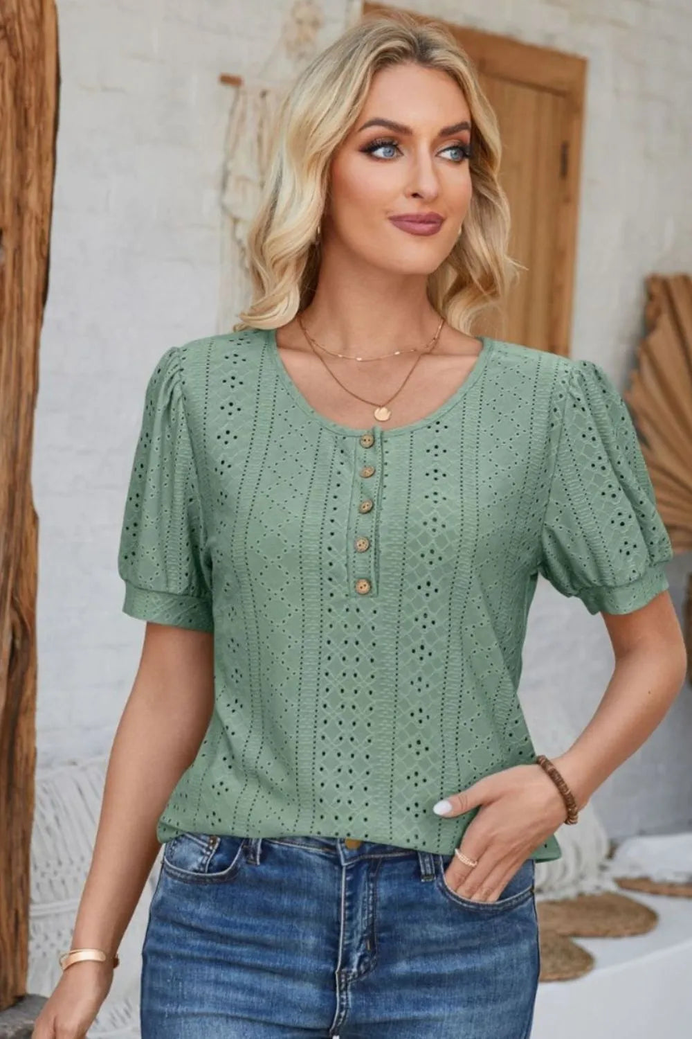 Eyelet Round Neck Short Sleeve Blouse (22)