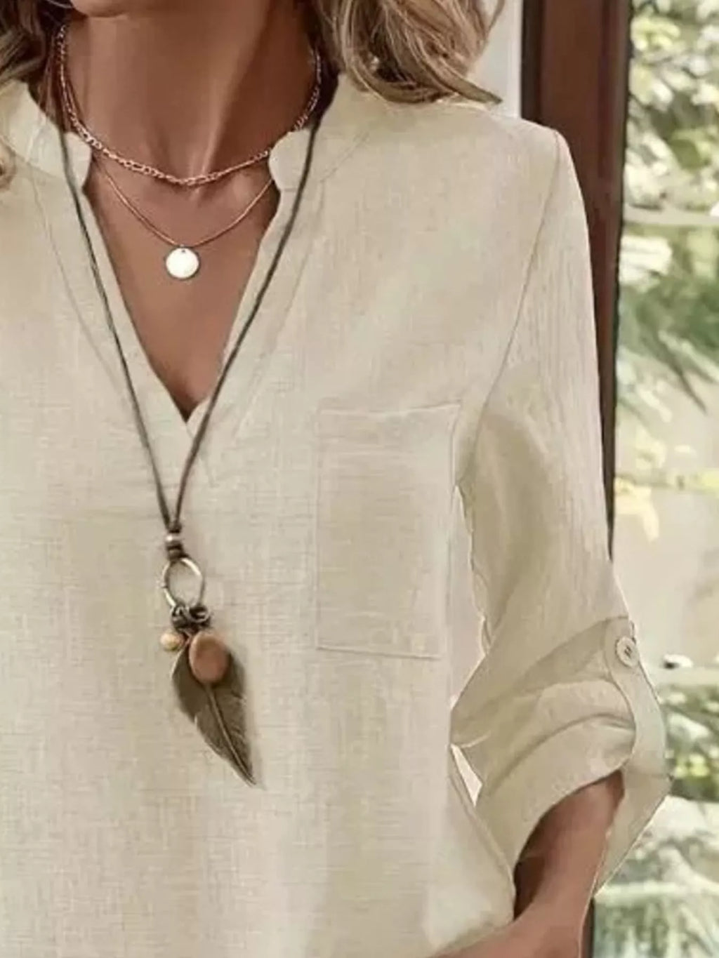 Roll-up Sleeve Notched Blouse (3)