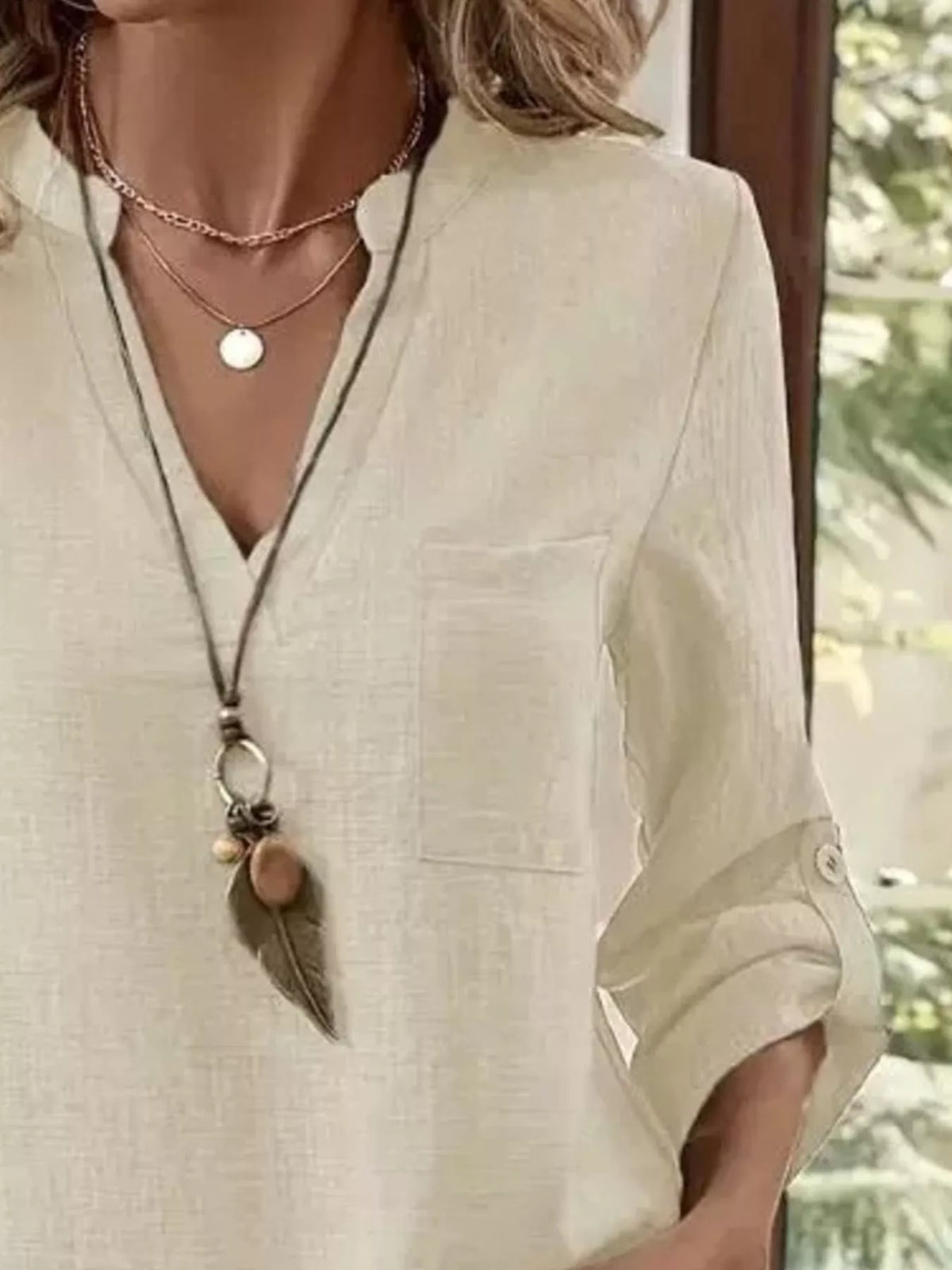 Roll-up Sleeve Notched Blouse (3)