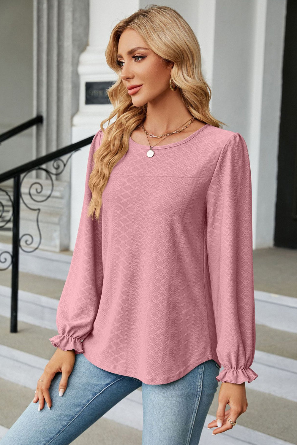 Round Neck Flounce Sleeve Blouse (3)