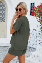 Notched Button Detail Dropped Shoulder Top Shorts Set (30)