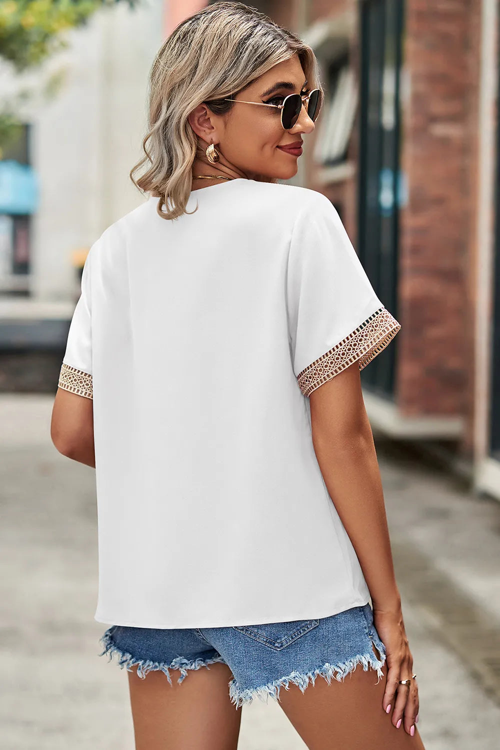 Openwork V-neck Short Sleeve T-shirt (6)