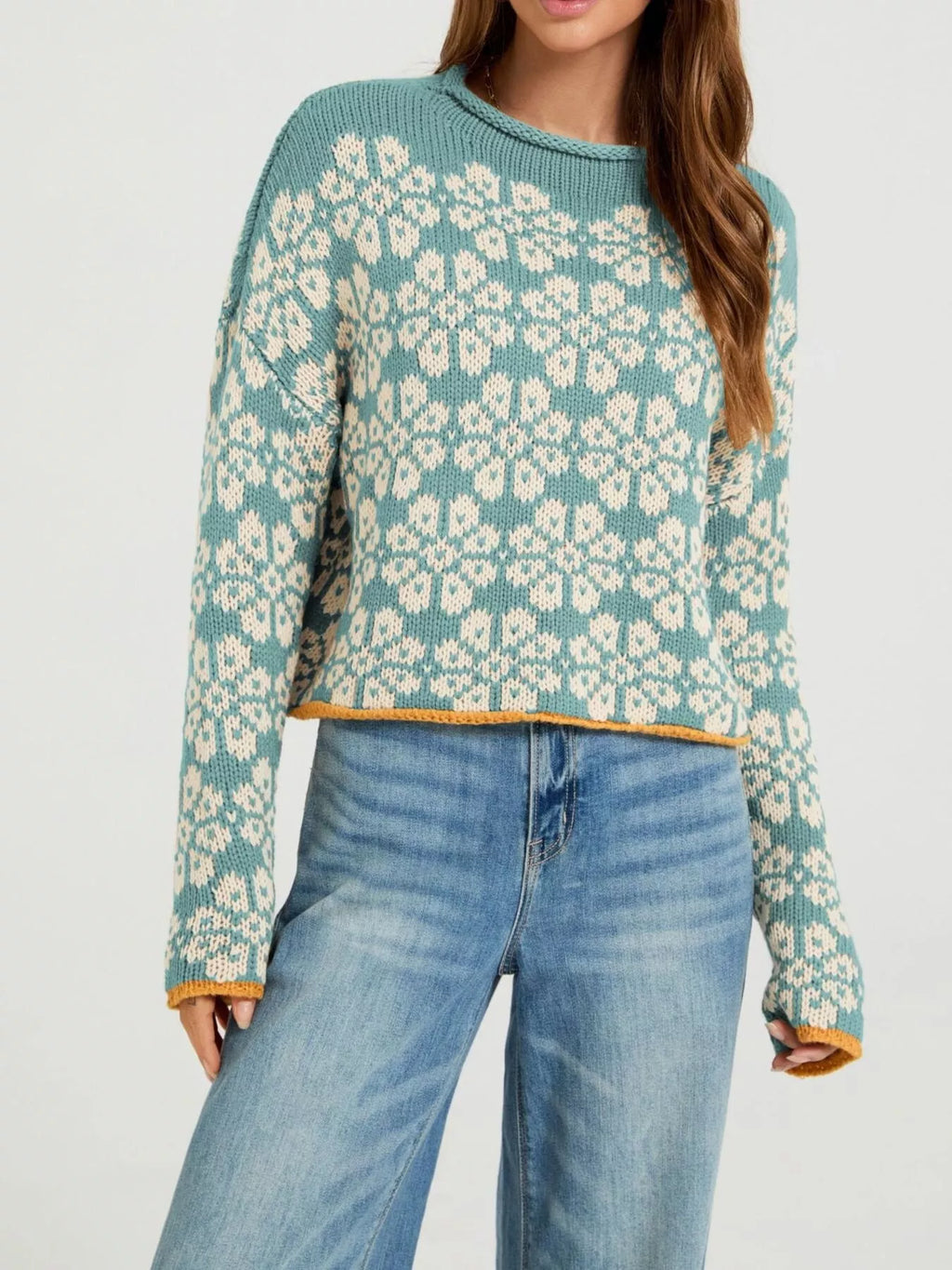 Floral Contrast Trim Dropped Shoulder Sweater