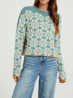 Floral Contrast Trim Dropped Shoulder Sweater