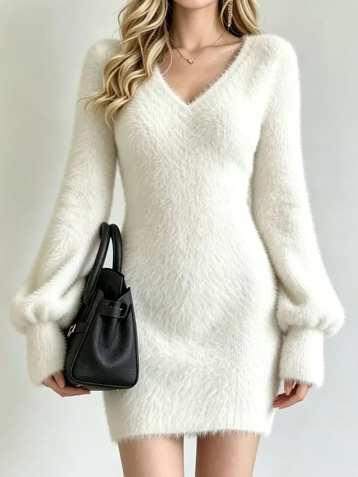 V-neck Fuzzy Knit Sweater Dress (11)