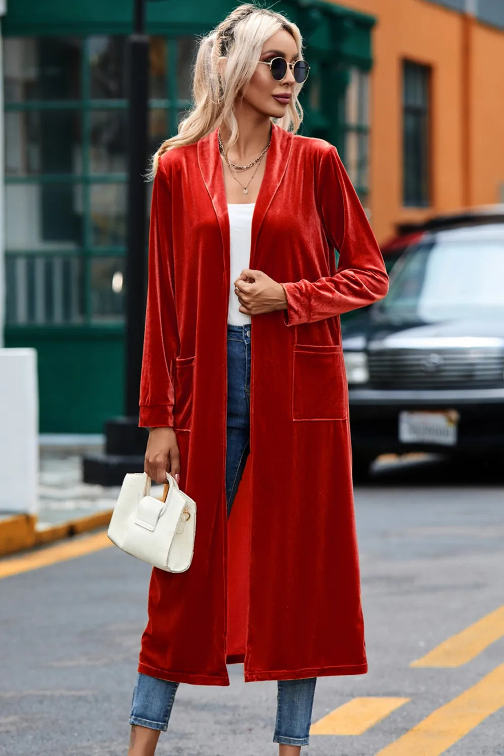 Velvet Open Front Long Cardigan Pockets (9)