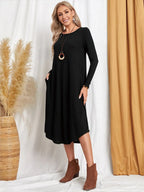 Pocketed Round Neck Long Sleeve Tee Dress (11)