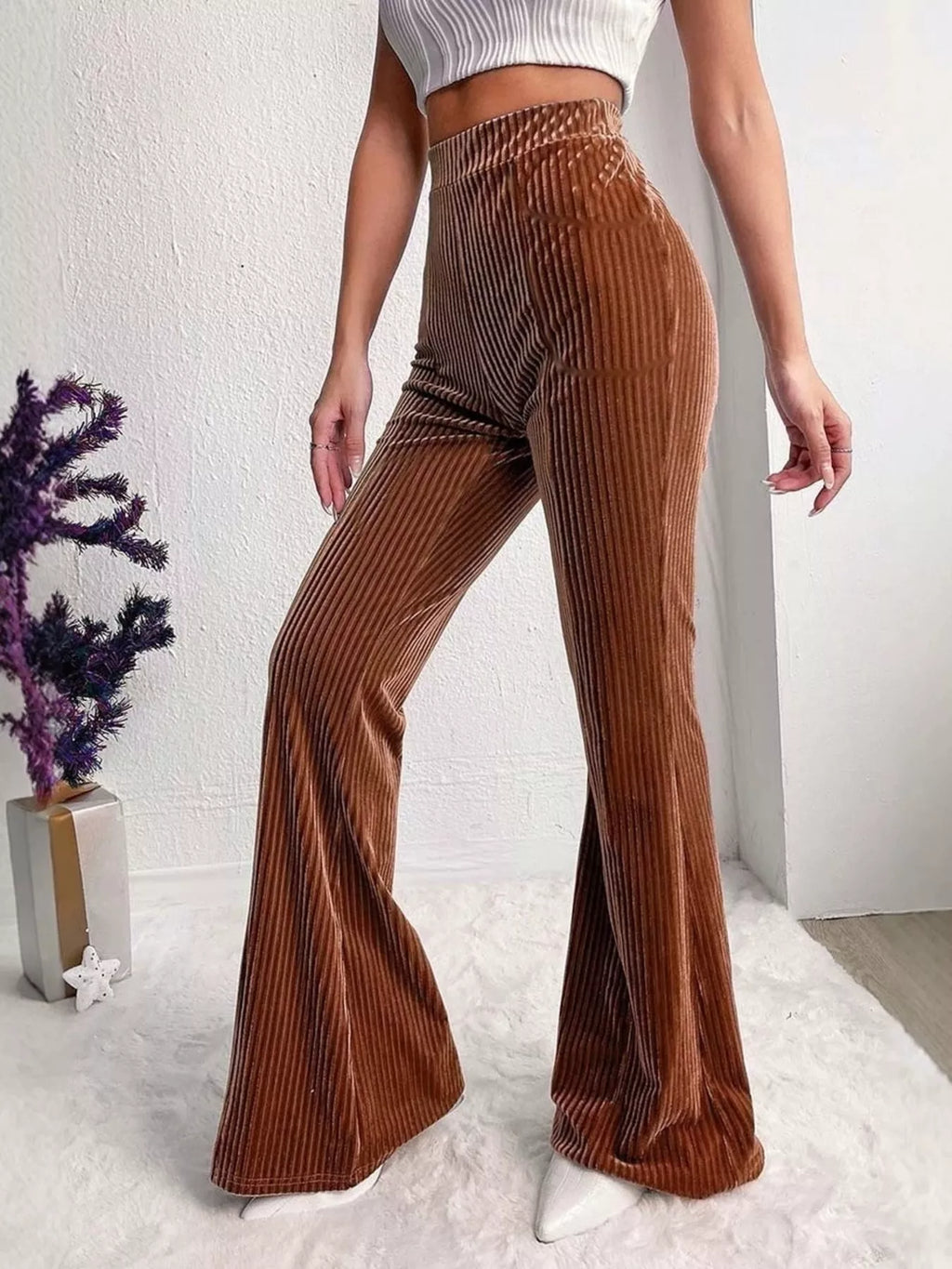 Full Size High-waisted Velvet Flare Pants Plus (2)