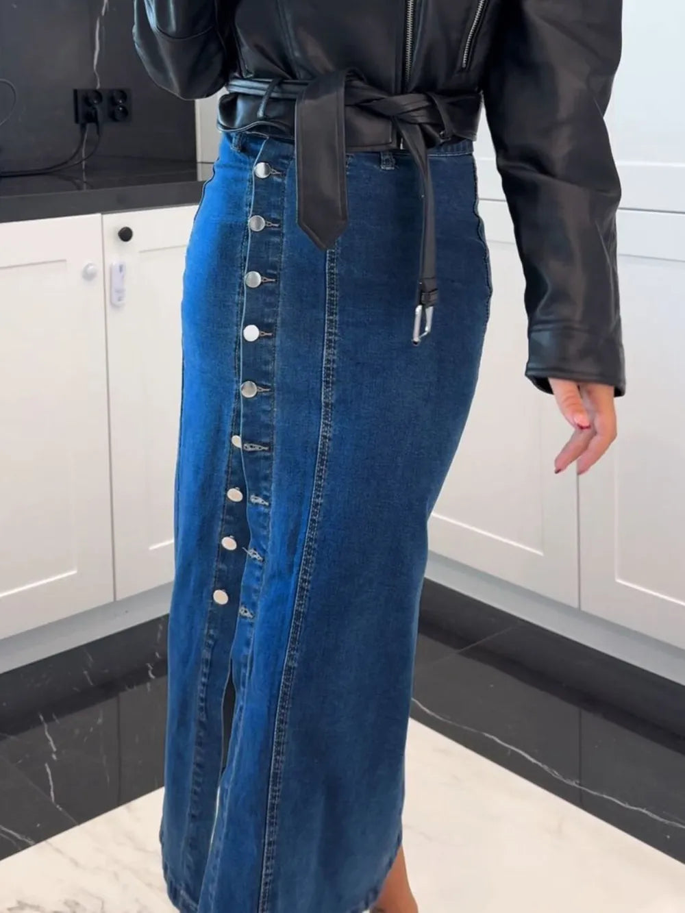 Front Button Slit Midi Denim Skirt (7)