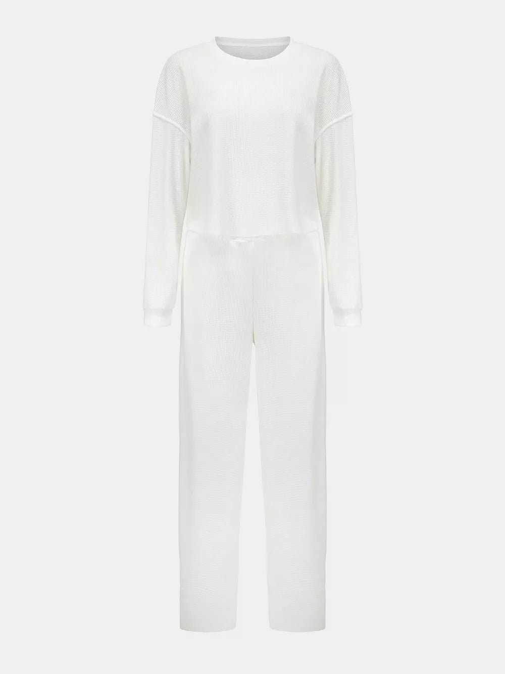 Waffle-knit Round Neck Top Pants Set (7)