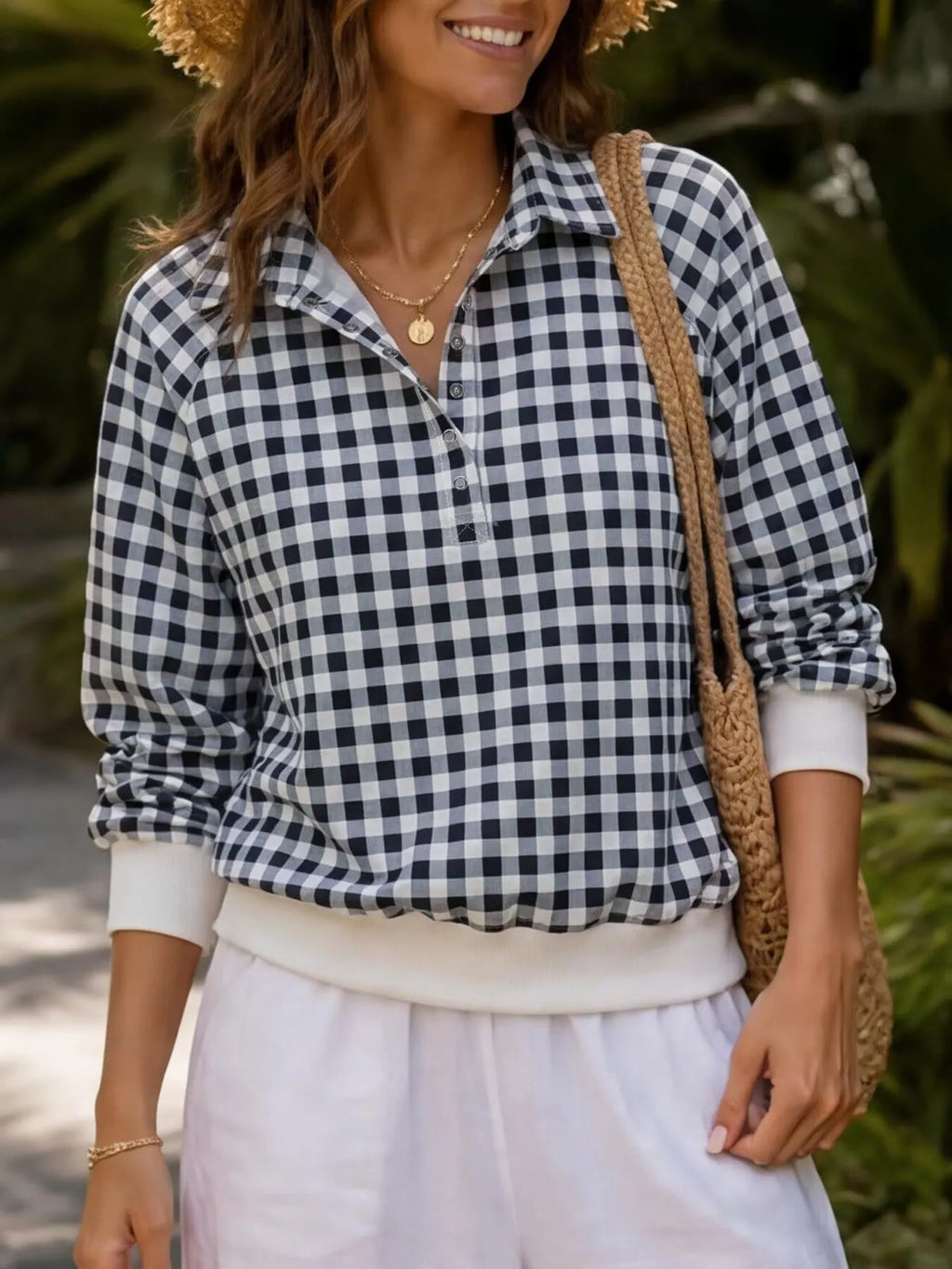 Gingham Plaid Collared Sweatshirt Ribbed Hem (4)