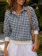 Gingham Plaid Collared Sweatshirt Ribbed Hem (4)