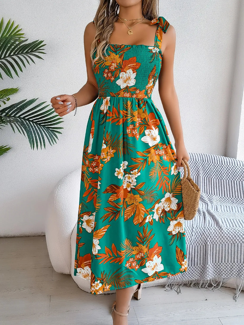 Smocked Floral Tie Shoulder Midi Dress (12)