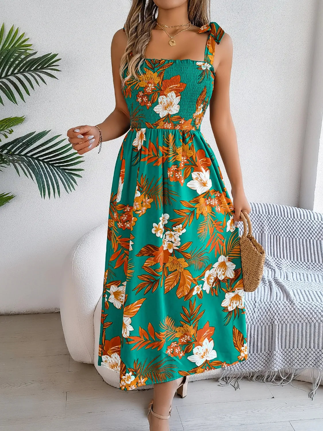 Smocked Floral Tie Shoulder Midi Dress (12)