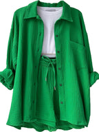 Texture Button Up Shirt Drawstring Shorts Set (4)